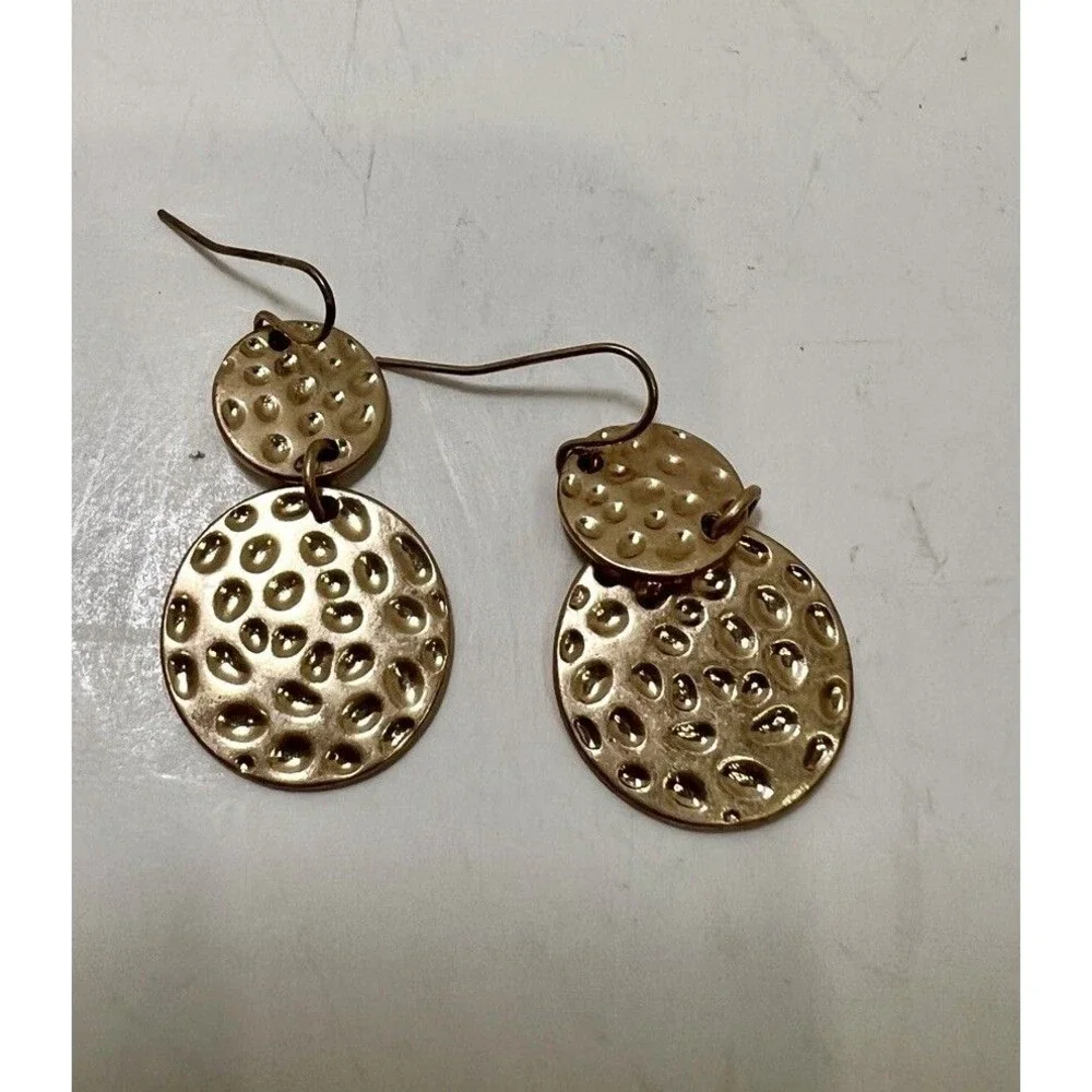 Goldtone Hammered Double Disk Dangle Drop Earrings Pierced Ears Women's Jewelry